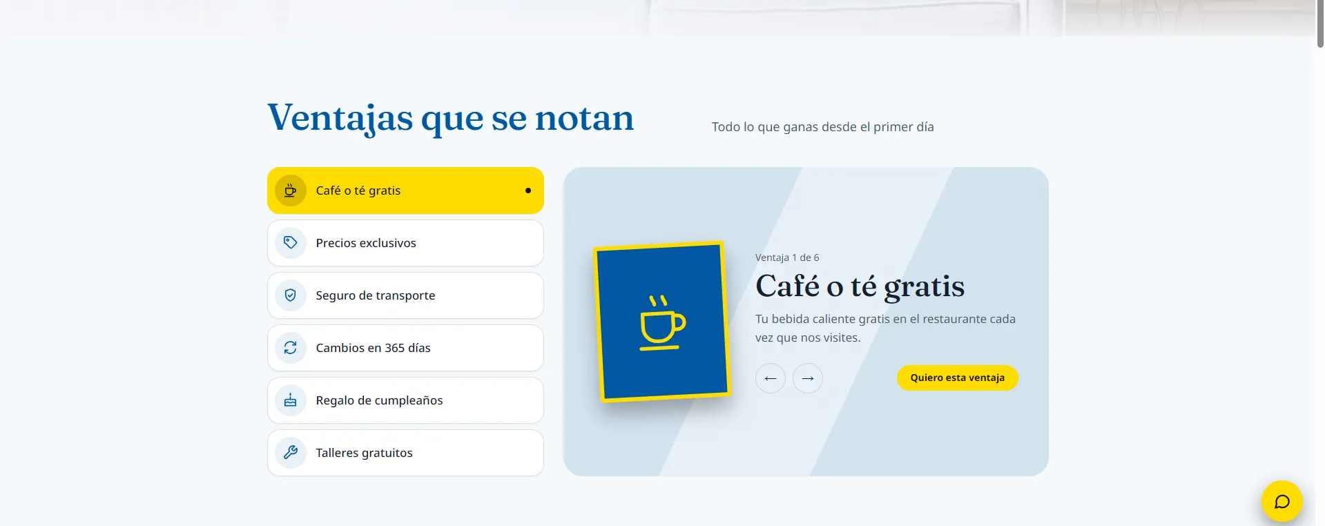 Sección de ventajas de la tarjeta de socio