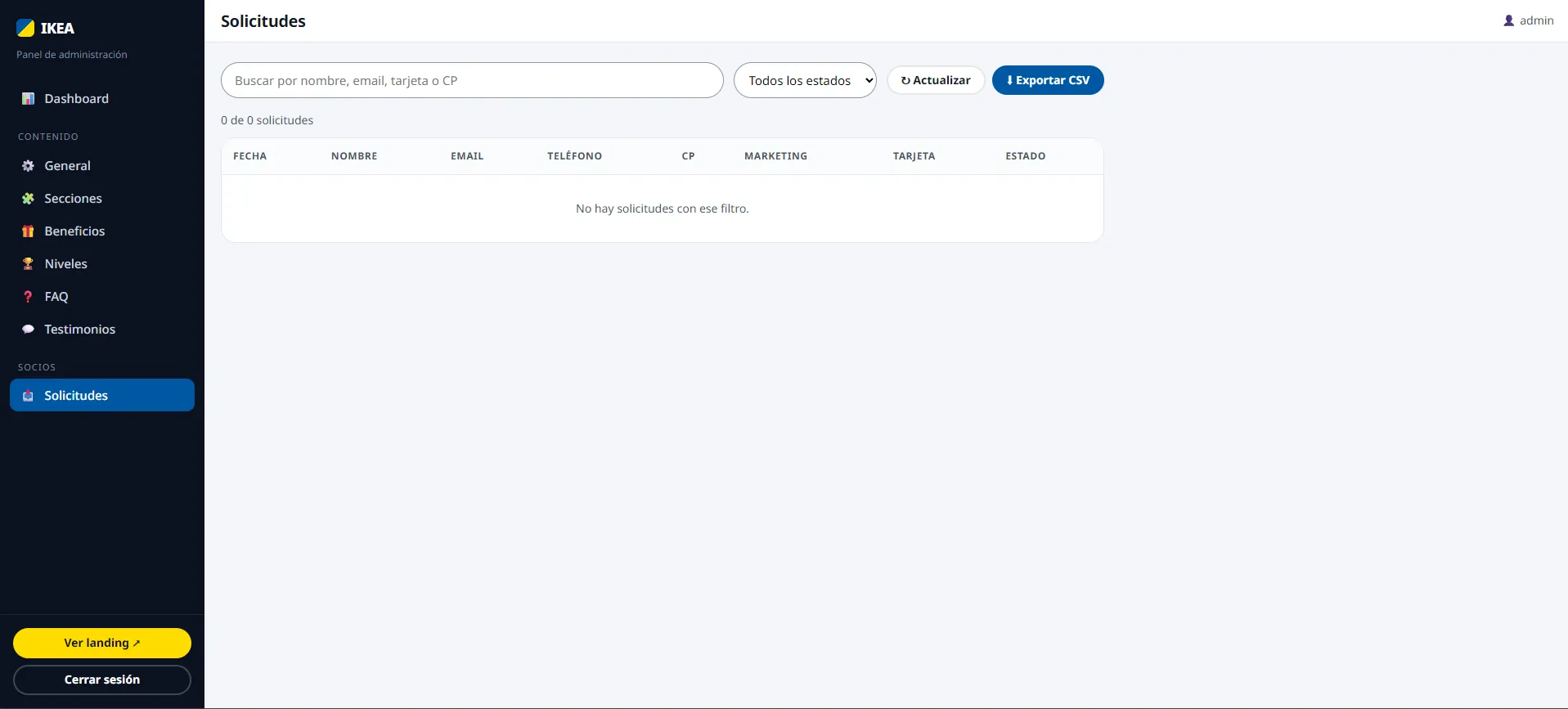Listado de solicitudes con exportación a CSV